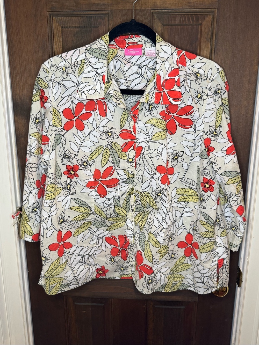 Pappagallo Red Sage White Floral Button Front 3/4 Tie Sleeve Blouse PXL